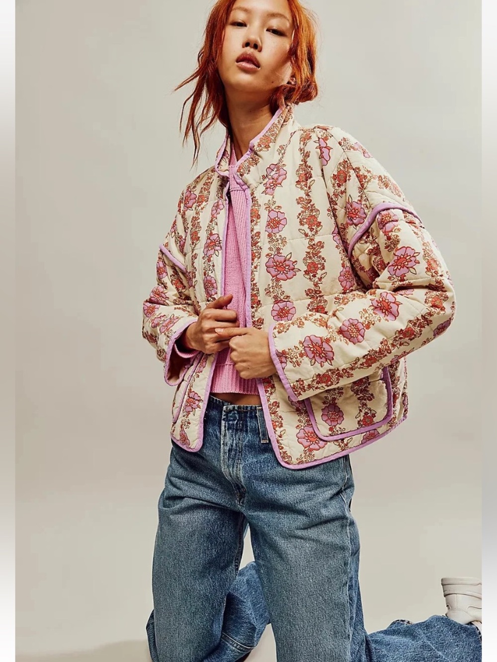 Free People NWT Chloe Floral Quilted Jacket Size XL Cream Purple Cottagecore